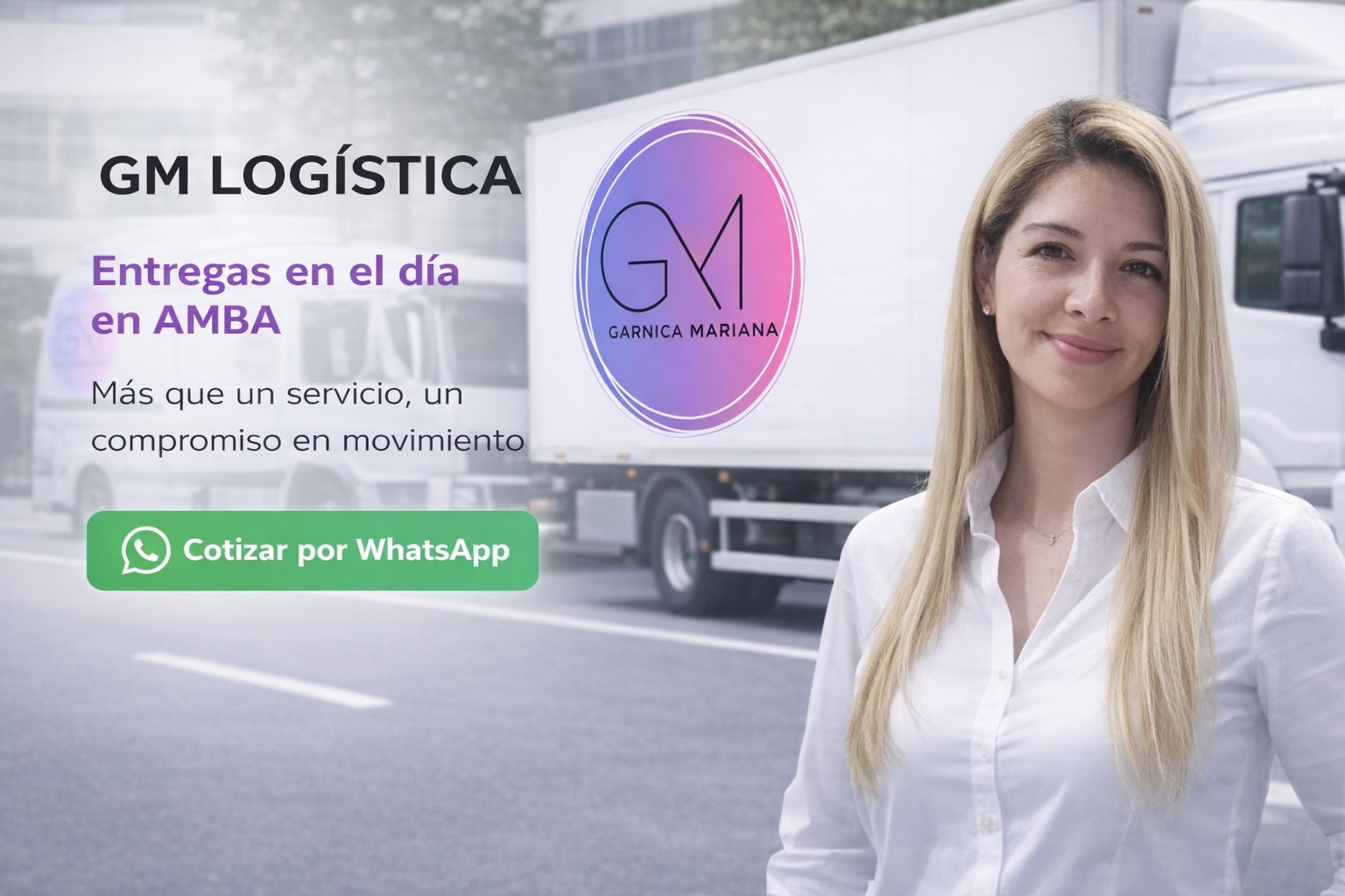 Mariana de GM Logística junto a un camión con el logo de la empresa