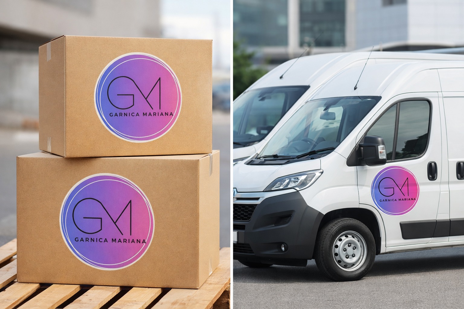 Paquetes y camioneta de GM Logística con branding visible